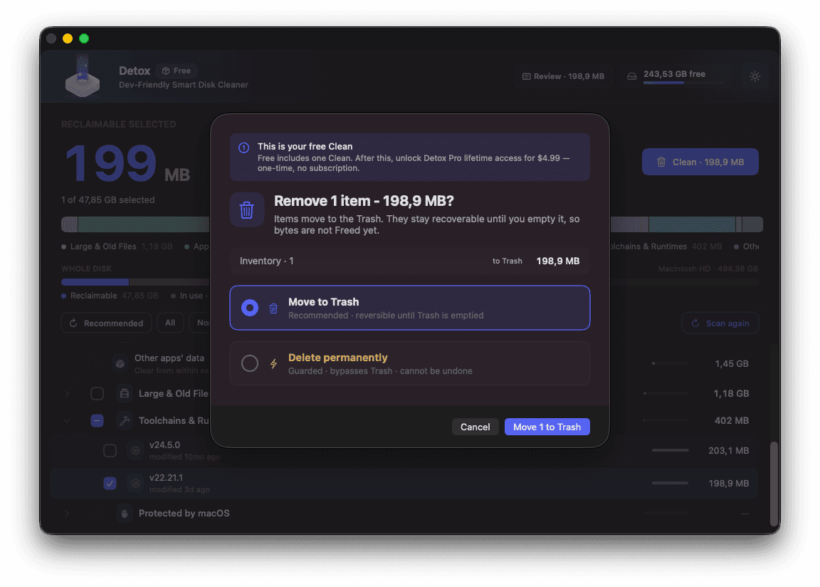 Detox Confirmation dialog — Remove 1 item, Move to Trash pre-selected, Delete permanently guarded